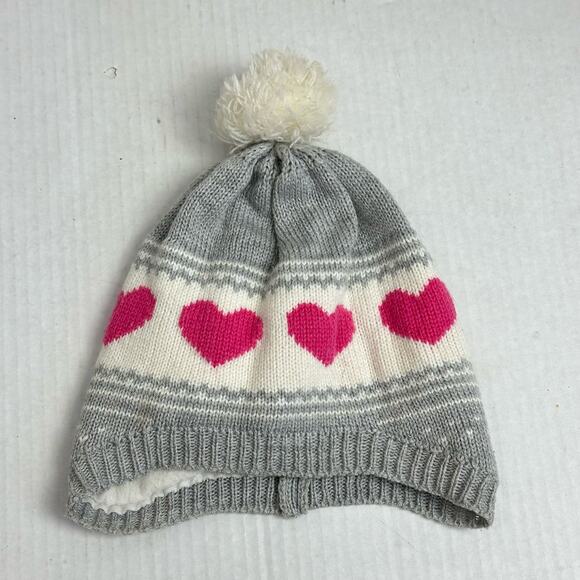 Carter's Knit Winter Beanie Hat Pom Heart Print Ear Flaps Toddler Girls 2T 3T 4T - Picture 1 of 6